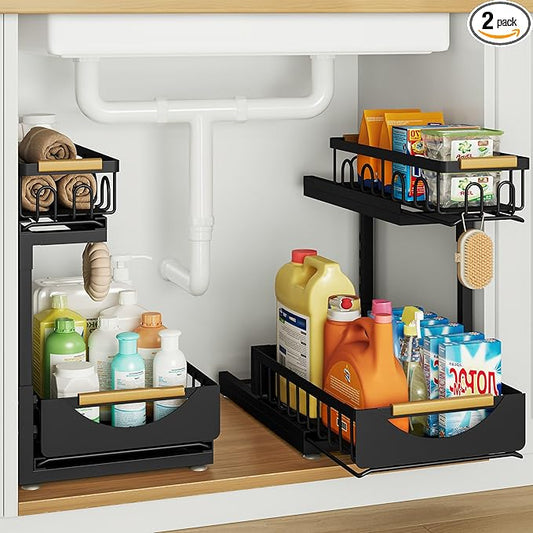 2 Pack 2 Tier Under Sink Organizer and Storage for Bathroom and Kitchen - Under Cabinet Pull Out Shelf Organizers - Sliding Out Drawer Organization for Home Cabinets Shelves and Drawers