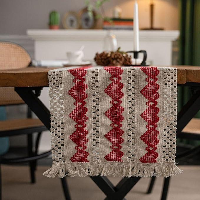 Macrame Table Runner Beige and Red Heart Table Runners with Tassels Hand Woven Cotton Table Runner Rustic Farmhouse Table Runners for Valentine's Day Bohemian Kitchen Dining Table(12x71in)
