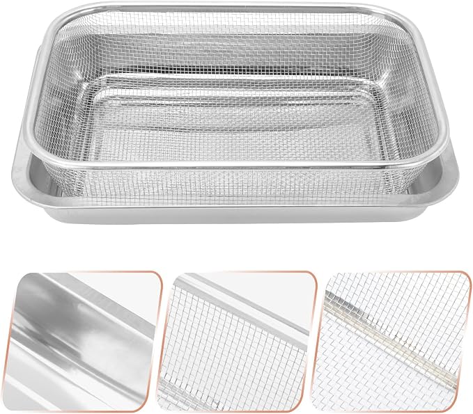POPETPOP Stainless Steel Drain Oil Plate with Rectangular Baking Sheet and Removable Cooling Rack, Dishwasher Safe and Easy to Clean, for Kitchen Baking and Oil Draining