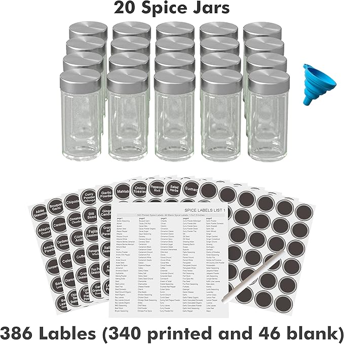 New England Stories Revolving Spice Rack Set with 20 Spice Jars, Kitchen Spice Tower Organizer for Countertop or Cabinet - Carousel Storage Includes 386 Spice Labels (Black)