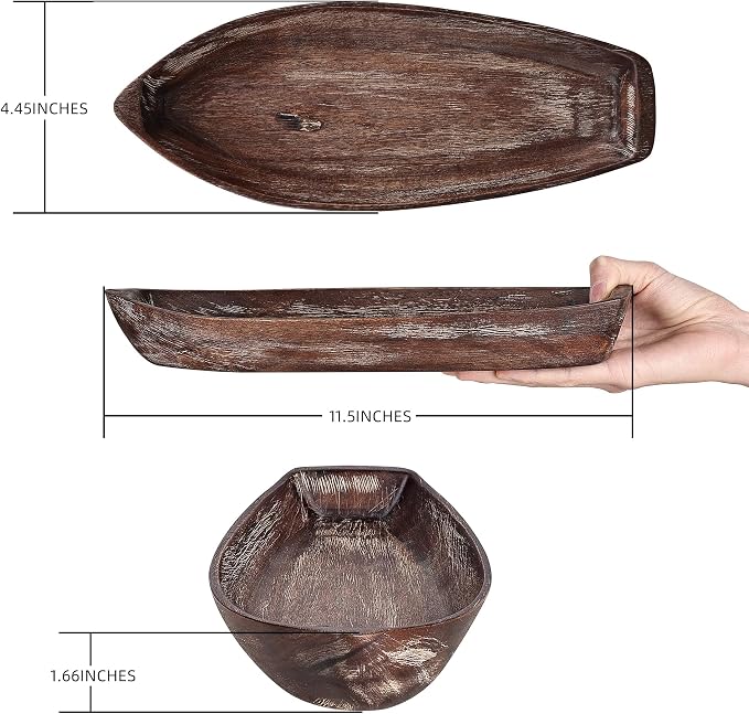 Rustic Small Wooden Serving Tray, Boat Shape Decorative Tray Vintage Centerpiece, Farmhouse Rustic Trays, Key Tray, Decorative Platter for Countertop Home Decorations- Distressed Brown。(Size S)