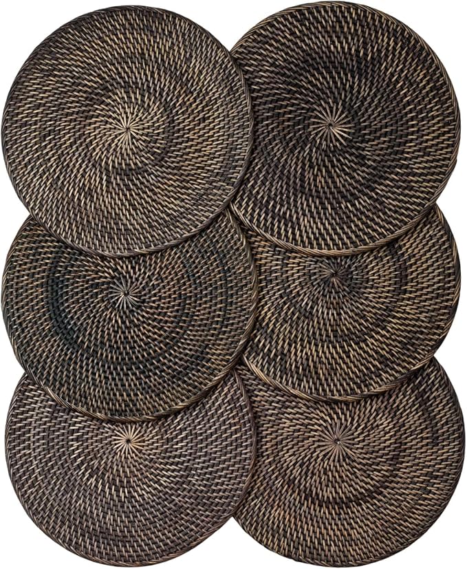 6-Pack Rattan Placemats - 13-inch Round Placemats (Blackwash) - Woven Place Mats, Round Table Mats - Wicker Chargers for Dinner Plates, Plate Chargers Boho
