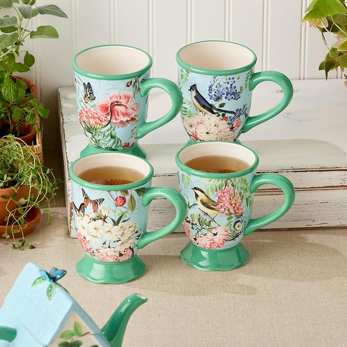 Flora Set of 4 Pedestal Mugs – 16-Ounce Ceramic Mugs with Vibrant Floral, Butterfly, and Dragonfly Designs, Durable Tableware for Coffee, Tea, and Hot Beverages