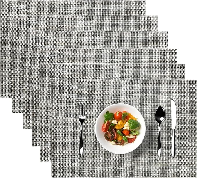 Placemats, Placemats for Dining Table Set of 6, Kitchen Table Mats Heat-Resistant Non-Slip Washable PVC Woven Vinyl Place Mats for Dining Room Table Decoration (Pack of 6, Flaxen Gray)