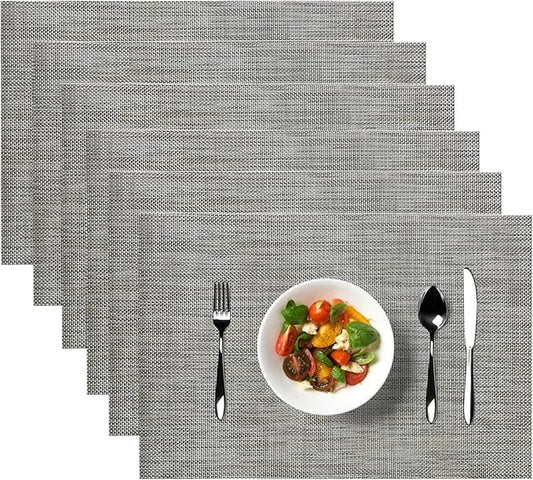 Placemats, Placemats for Dining Table Set of 6, Kitchen Table Mats Heat-Resistant Non-Slip Washable PVC Woven Vinyl Place Mats for Dining Room Table Decoration (Pack of 6, Flaxen Gray)