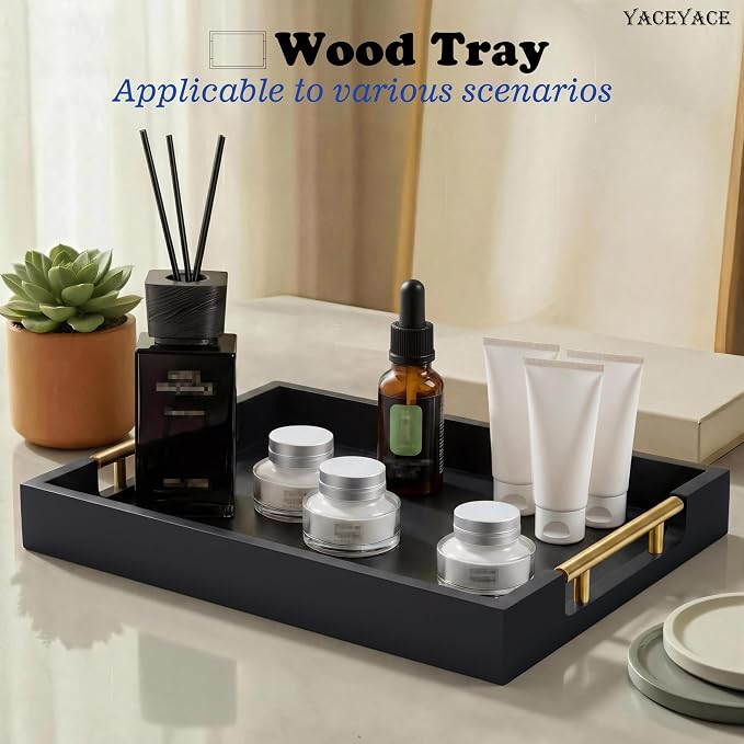 Wood Serving Tray with Metal Handles, 15.75" x 11.8" x 1.7" Black Serving Tray for Home Decorative, Rectangle Wooden Trays for Ottoman, Cafe