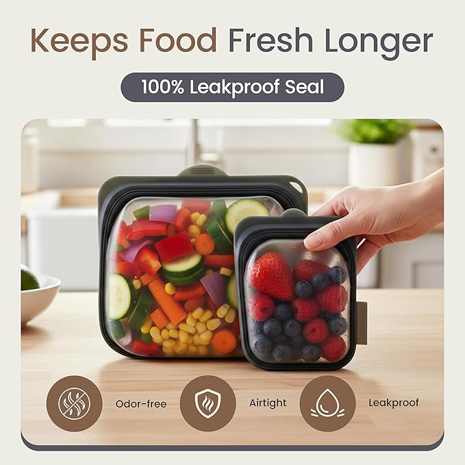Session Goods 100% Reusable Silicone Food Storage Bags, Pack of 2 (Charcoal), Hygienic Ziplock Silicone Bags for Food Storage for Leftovers, Leak Resistant Freezer Bags, BPA Free, Sandwich Bags