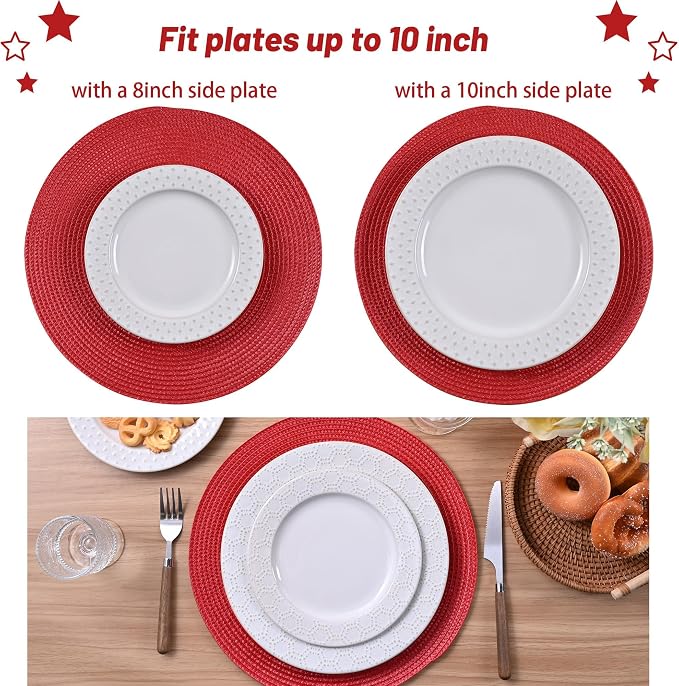 Feuille Round Braided Placemats Set of 6 Place Mats for Dining Table Woven Washable Non-Slip Table Mats 13.5 Inch (Red, 6pcs)