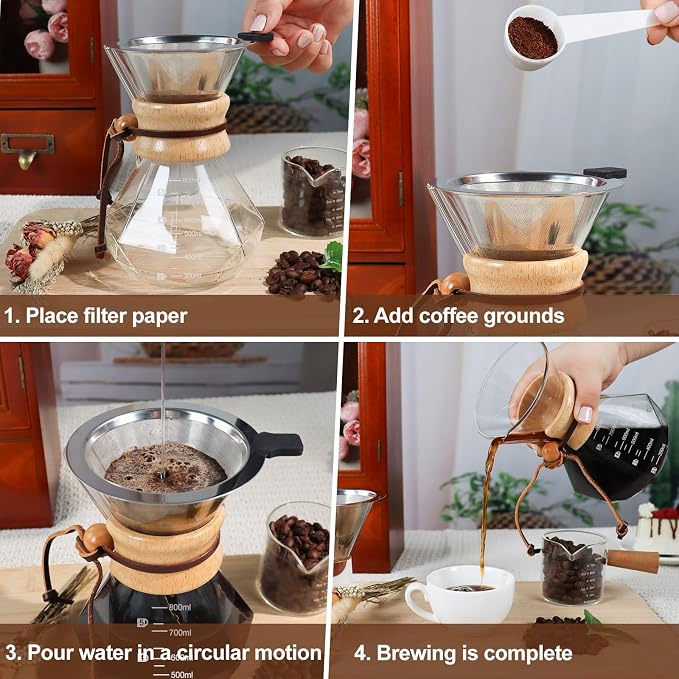 Pour Over Coffee Maker 800ml 27.1oz Glass Drip Coffee Maker with 304 Stainless Steel Filter High Borosilicate Glass Duckbill Spout Solid Wood Handle Pour Over Coffee Dripper for Daily Brewing