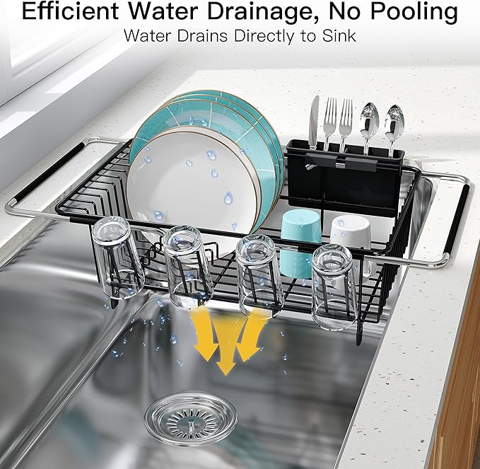 Black Dish Drying Rack Over the Sink In Stainless Steel Expandable Drainer for Small Kitchen, Counter Space Saving Compact Inside Sink Plate Dryer, Adjustable Hanging Metal Wire Strainer Drain Holder