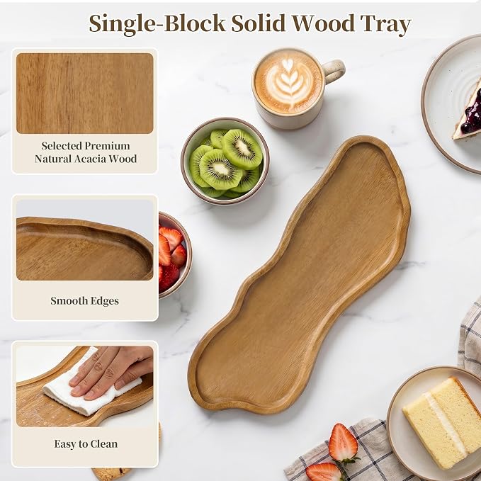 Small Wooden Tray | Acacia Wood Tray for Vanity, Bathroom Counter, Coffee Table & Toilet | Perfect for Jewelry, Remote, Perfumes & Catch All | Mini Charcuterie Board Serving Platter (Footprint Shape)