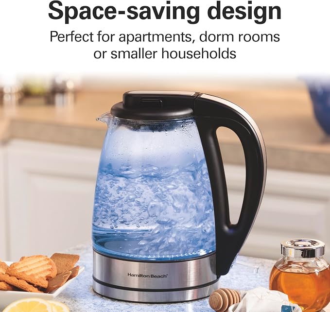 Hamilton Beach Electric Tea Kettle, Water Boiler & Heater, 1 Liter, 1500 Watts for Fast Boiling, BPA Free, Cordless Serving, Auto-Shutoff & Boil-Dry Protection, Blue LED, Glass (40930)