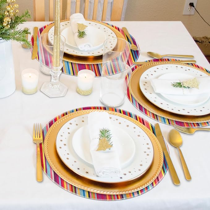 Niviy Bright Colorful Striped Round Placemats Set of 4, 15 Inch Mexican Rainbow Colored Geometric Pattern Table Mats for Holiday Party Kitchen Dining Room Decoration