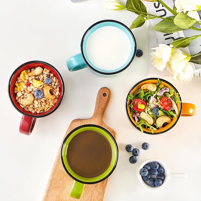 bestone Set of 4 Large Ceramic Mugs with Handles, 16 oz, Vibrant Colors, Microwave & Dishwasher Safe, Perfect for Coffee, Cereal, Latte, Salad, Noodles