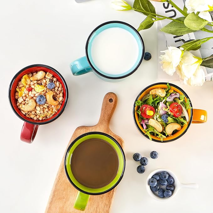bestone Coffee Mugs Set of 4，16 oz Large Ceramic with Handles,Coffee,Salad,Noodles etc Cups for Cereal Latte,Vibrant Colors (Vibrant 6, 16-oz)