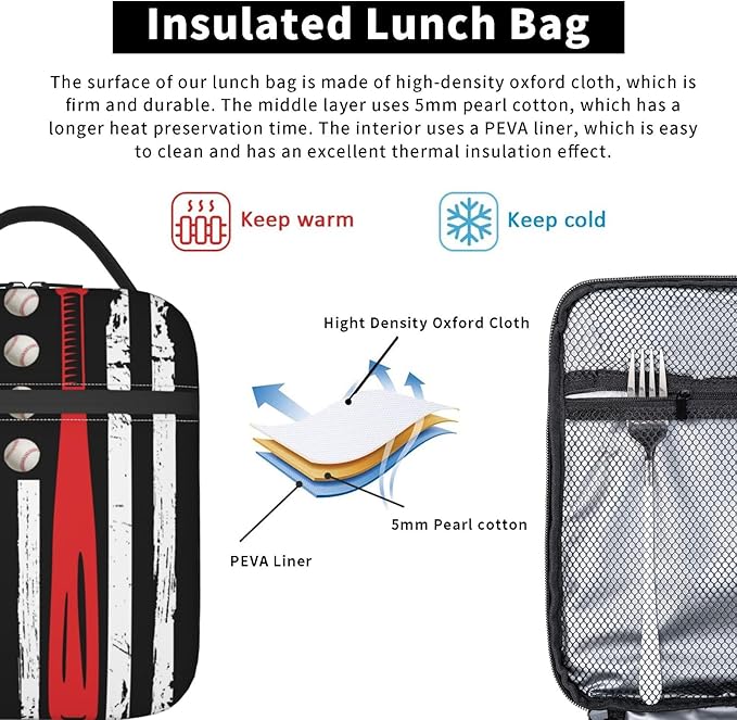 Gianlaima American Usa Flag Baseball Insulated Lunch Box For Women And Man, Portable Lunch Bags Reusable Cooler Tote For Office Work Travel Picnic Camping Beach