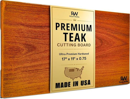 Teak Wood Cutting Board, Scratch & Warp Resistant, Premium Hardwood Wooden Cutting Board with Handles & Non-Slip Feet, For Meat, Vegetables & Charcuterie (17x11x0.75)