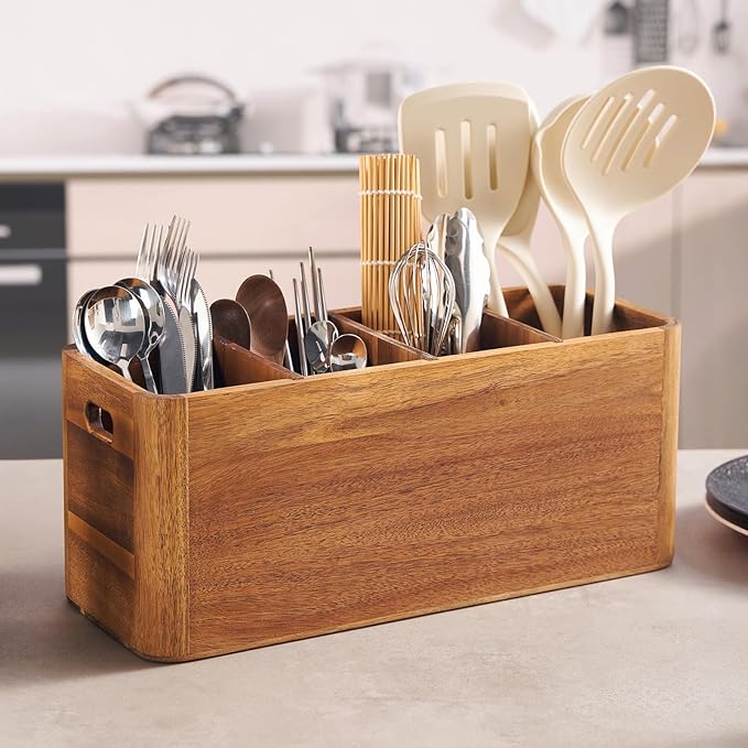 16" Wooden Kitchen Utensil Holder, Extra Large Acacia Wood Organizer for Cooking Tools, Utensils & Cutlery Storage – 4-Compartment Countertop Holder