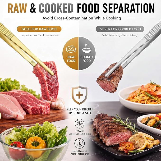 Hicarer 4 Pack Kitchen Tweezers Tongs 12 Inch Stainless Steel Cooking Tweezers for Chef Professional Gold and Silver Precision Plating Tongs for Grilling BBQ Sushi Meat Fish Pasta Cocktail