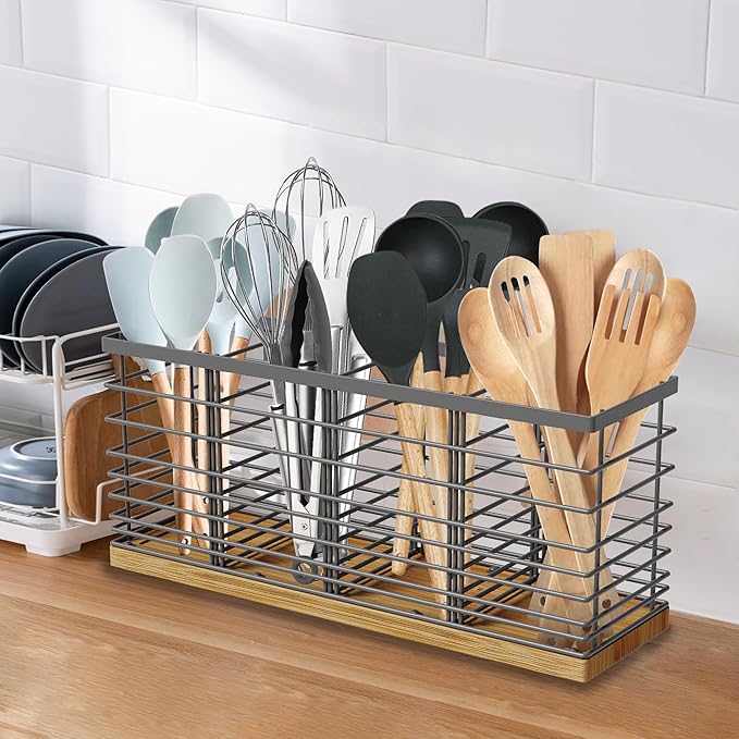Suli Extra Large Kitchen Utensil Holder Countertop with 4 Compartments,Grey Metal holder with Wooden Base for Countertop,Farmhouse Utensil Organizer for counter,Rustic Cooking Utensil Organizer