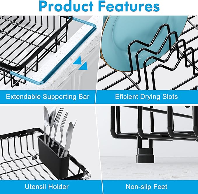JASIWAY Expandable Stainless Steel Over The Sink Dish Drying Rack for Small Kitchen Counter Space Saving, Compact Black Plate Drainer Strainer, Adjustable Hanging Metal Dish Dryer with Utensil Holder