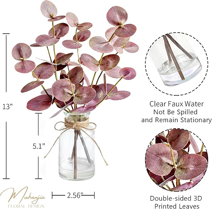 Muhanjia Artificial Eucalyptus Stems in Glass Vase with Faux Water,3Pcs Fake Plant with Double-Sided Purple Leaves for Centerpiece(Double-Sided Purple Eucalyptus)