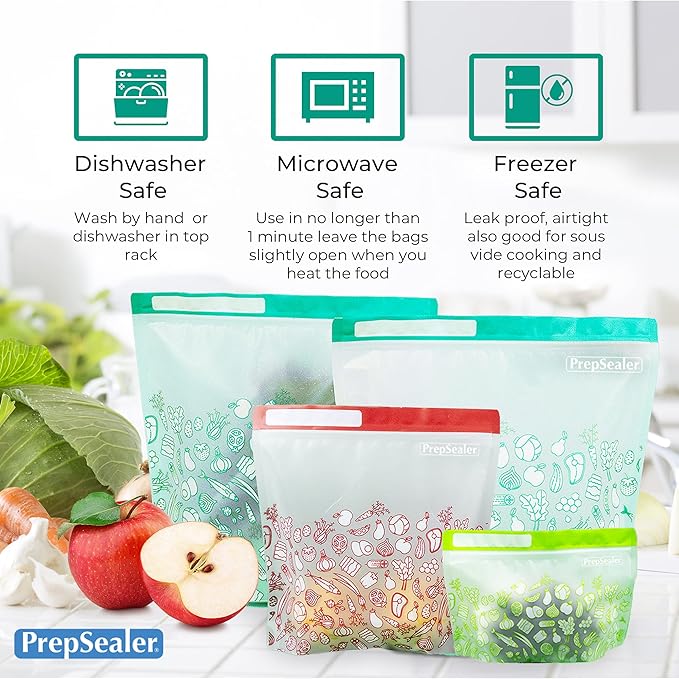 PrepSealer Reusable Food Storage Bags – Keep Fruits, Veggies & Meats Fresh Longer -10 Pieces (3 S, 3 M, 4 L)