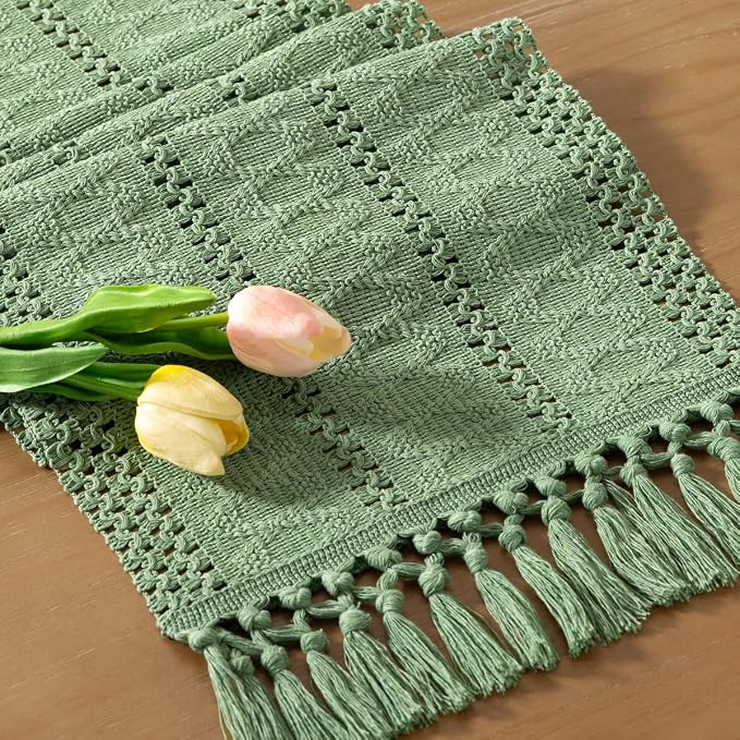 Socomi Boho Table Runner Macrame Long Summer Farmhouse Woven Cotton Linen Rustic Coffee Table Runner with Tassels for Dresser Scarf Home Decor Dining Room Sage Green 12x108 inch