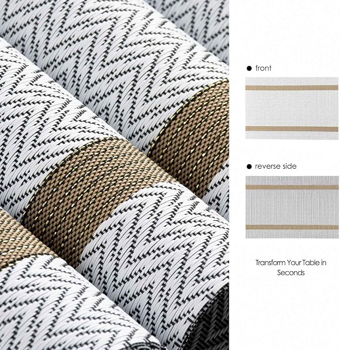 AHHFSMEI Placemats Set of 8 Washable Woven Vinyl Placemats for Dining Table Heat Resistant Non-Slip Stain Resistant Table Mats for Kitchen & Home Decor(White Wave Stripe,8)