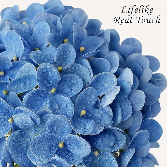 JINWOE Savoy Blue Boho Artificial Hydrangeas Flowers, 4Pcs 20" Real Touch Lifelike Silk Artificial Hydrangeas, Full Fake Flowers for Bouquets Table Centerpieces Spring Wedding Indoor Home
