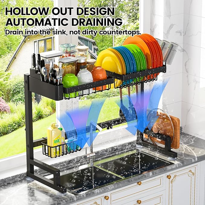 ADBIU 【Fit Sink 24.5"- 32" L 2023 Version Over Sink Dish Drying Rack (Expandable Dimension) Snap-On Design 2 Tier Large Kitchen Dish Rack Stainless Steel Counter Organization and Storage