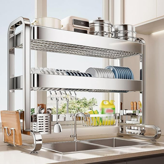 Over The Sink Dish Drying Rack, 304 Stainless Steel 2 Tier Racks, Drainer Drying Rack Kitchen Counter,strainers for Kitchen, Glasses(76cm/29.9in)