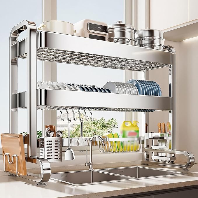 Over The Sink Dish Drying Rack, 304 Stainless Steel 2 Tier Racks, Drainer Drying Rack Kitchen Counter,strainers for Kitchen, Glasses(96cm/37.8in)