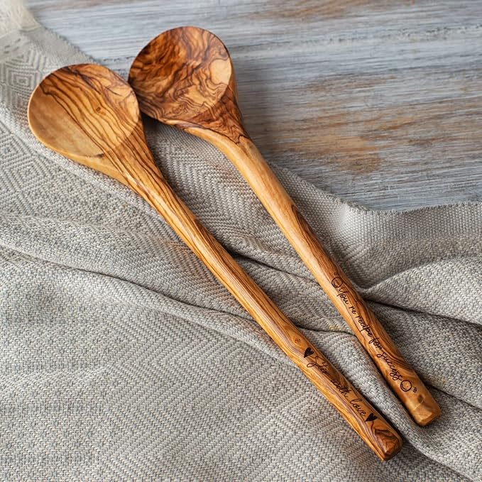 Forest Decor Engraved Personalized, Olive Wood Spoons, Personalized Cooking Gift for Grandma and Mom, Wooden Spoon Set, Cooking Trophy, 100% Natural and Handcrafted, Set of 2 Round Spoons
