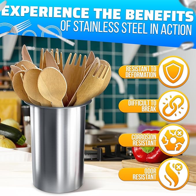 3 Pcs Countertop Utensil Holder Stainless Steel - 5.5 x 4.5" Stainless Steel Utensil Holder for Kitchen and Bars, Durable and Dishwasher Safe, Odor and Rust Resistant, Good for Home and Commercial Use