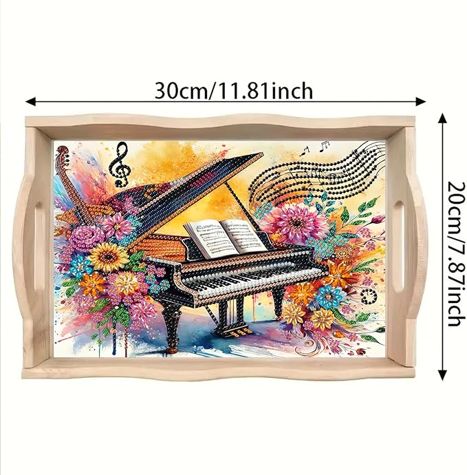 BAYUNOE DIY Diamond Serving Tray Rectangular Breakfast Tray with Handle Handmade Diamond Art Painting Wooden Tray Spring Creative Dinner Plate Coffee Room Living Home Organizer-Piano