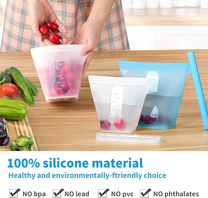 Reusable Silicone Food Storage Bags,Stand Up Leakproof Zip Containers,Reusable Sandwich Bags,Non-Toxic,BPA Free, Dishwasher Safe,Freezer-Safe,Easy to Clean（Set of 5）