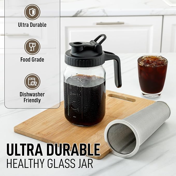 Zulay Premium Cold Brew Coffee Maker - 32oz Mason Jar With Leak-Proof Lid & Extra-Thick Glass - Fine-Mesh Stainless Steel Filter For Smooth Cold Brew & Iced Tea - Black