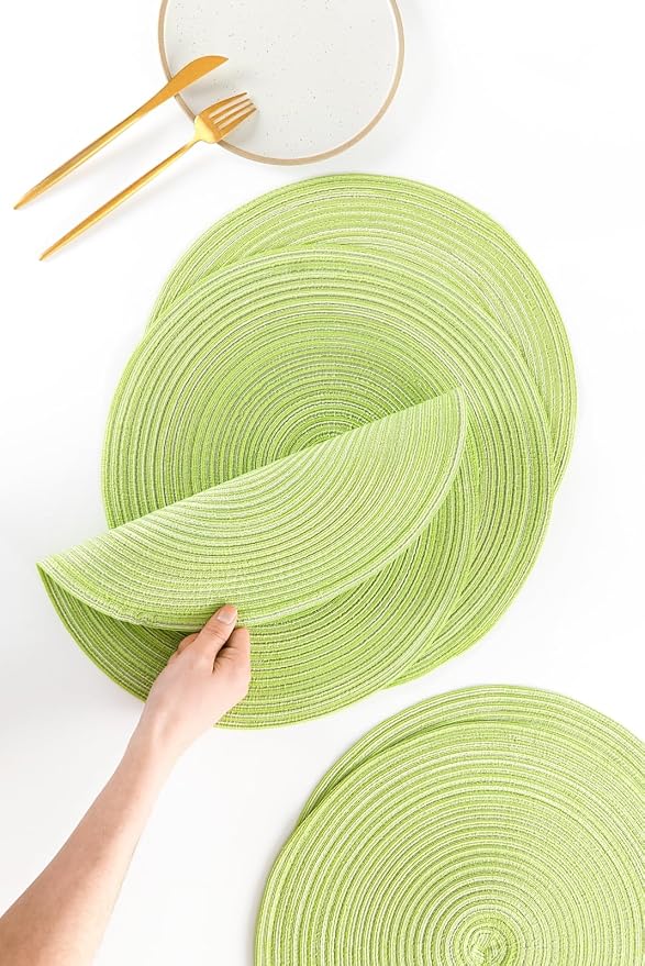 Floroom 15 Inch Round Braided Placemats Set of 6, Washable Heat Resistant Cotton Polyester Circle Place Mats for Kitchen Dining Table - Spring Green