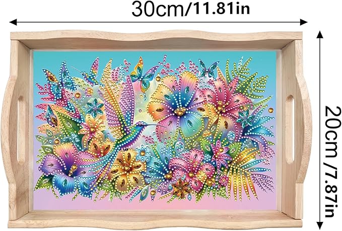 BAYUNOE 2Pcs DIY Diamond Serving Tray Rectangular Breakfast Tray with Handle Handmade Diamond Art Painting Wooden Tray Spring Creative Dinner Plate Coffee Room Living Home Organizer-02