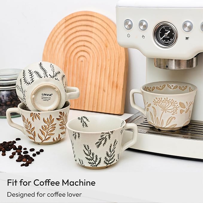 Ceramic Coffee Mug, 11 oz Small Novelty Unique Teacup with Handle, Stoneware Cup for Tea Mocha Latte Cappuccino (Set of 4, Plants)