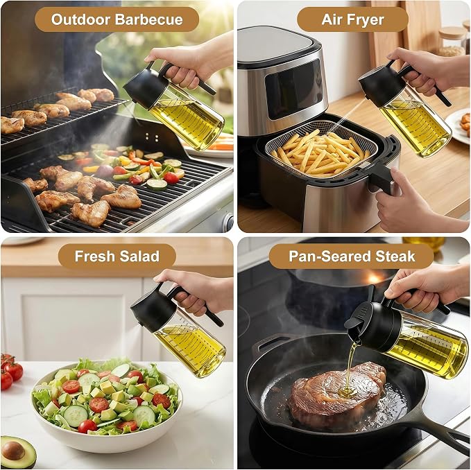Poshetion 2 in 1 Olive Oil Sprayer for Cooking, 16oz Oil Dispenser for Kitchen, Leak-Proof Oil Spray Bottle for Air Fryer, Salad, BBQ, Baking, Grilling - Black & Black