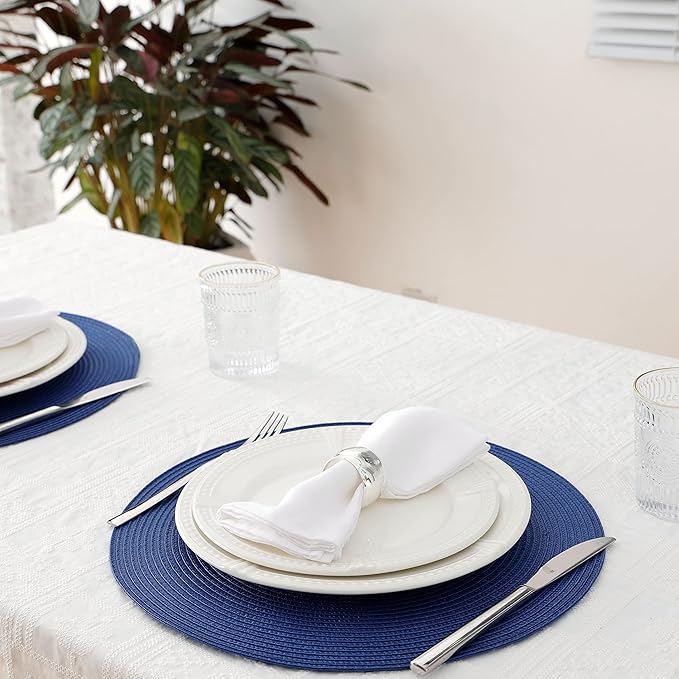 HODJOY Placemats, Round Placemats for Dining Table, Washable Woven Non-Slip Placemats for Thanksgiving, 15inch, Set of 6 (Nautical Blue)