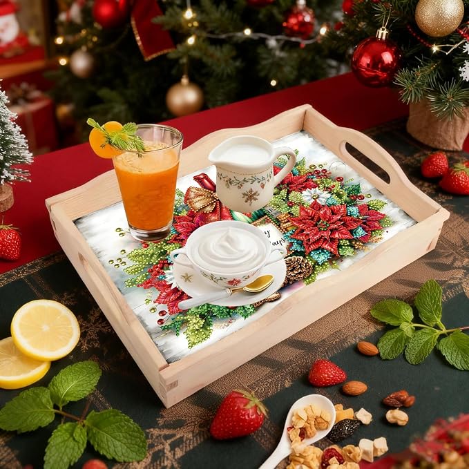 BAYUNOE DIY Diamond Serving Tray Christmas Rectangular Breakfast Tray with Handle Handmade Diamond Art Painting Wooden Tray for Dinner Plate Coffee Room Living Home Organizer-Champagne