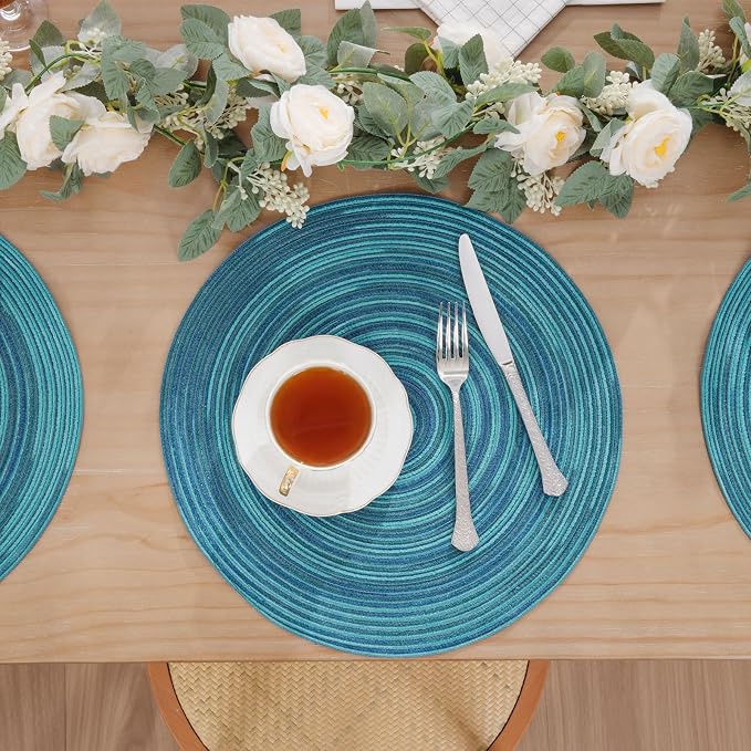 SHACOS 15 inch Round Placemats Set of 4 Variegated Multicolor Place Mats Cotton Polyester Braided Non Slip Washable Heat Resistant Table Mats for Home Wedding Dinner Party Table Decor, Rainbow Teal
