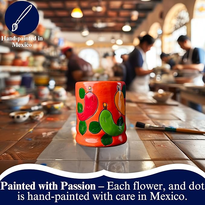 Talavera Utensil Holder - Hand Painted Ceramic Spoon Crock - Colorful Utensil Crock - Large Mexican Spoon Rest 6" H (Orange Chilies)