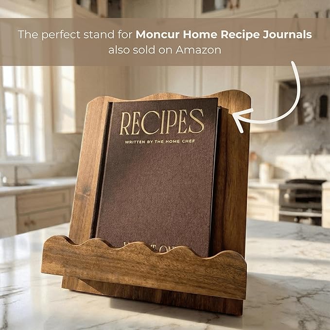 Beautiful Wooden Cookbook Stand for Your Kitchen Counter – Solid Wood Scalloped Book Holder Keeps Cookbooks & Tablets Open, Stable 2-Piece Slot Design, Easy-Clean, Perfect for Everyday Cooking