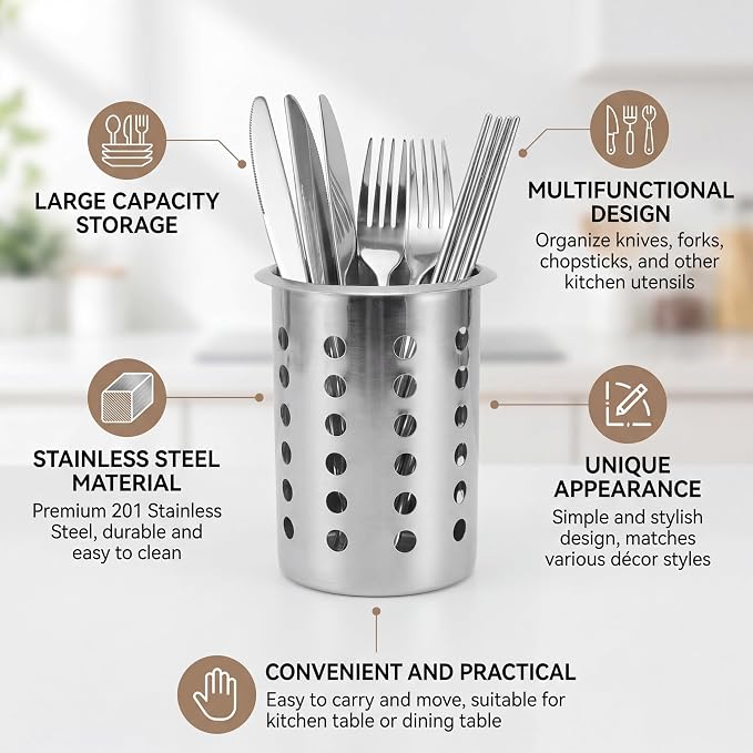 Luqeeg Stainless Steel Utensil Holder, Large Capacity Cutlery Storage, Flatware Cylinder with Simple Stylish Design for Countertop Kitchen Table Dining Table (With Holes)