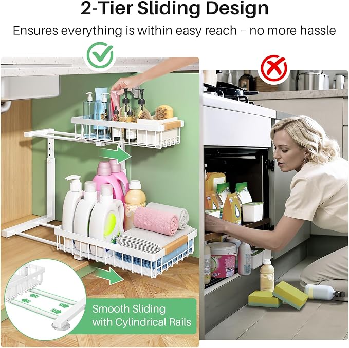 Kitstorack Under Sink Organizer, 2 Tier Under the Sink Storage, Slide out Pull out Cabinet Organizer Shelf, Metal Sliding Drawer for Kitchen Bathroom Pantry Closet Organization Rack, White, 2 Pack