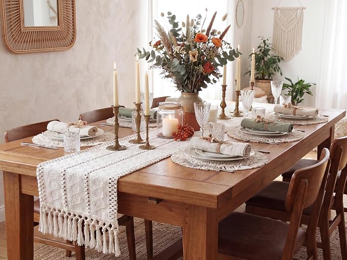 FEXIA Summer Table Runner with Tassels Boho 72 Inches Long Cream Burlap Table Runner for Home Farmhouse Decor Rustic Bohemian Dining Bedroom Decoration Baby Bridal Shower(12x72 Inches)